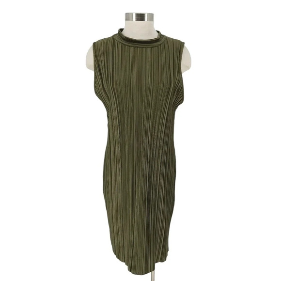 PrettyLittleThing Pleated Bodycon Midi Dress Olive Green Sleeveless - Picture 1 of 7